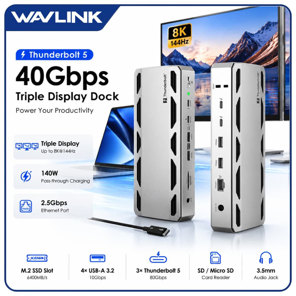 Estação De Acoplamento Thunderbolt 5 13 Em 1 Com Certificação Intel WAVLINK Tela 8K , Alimentação PD De 140 W , Integrar