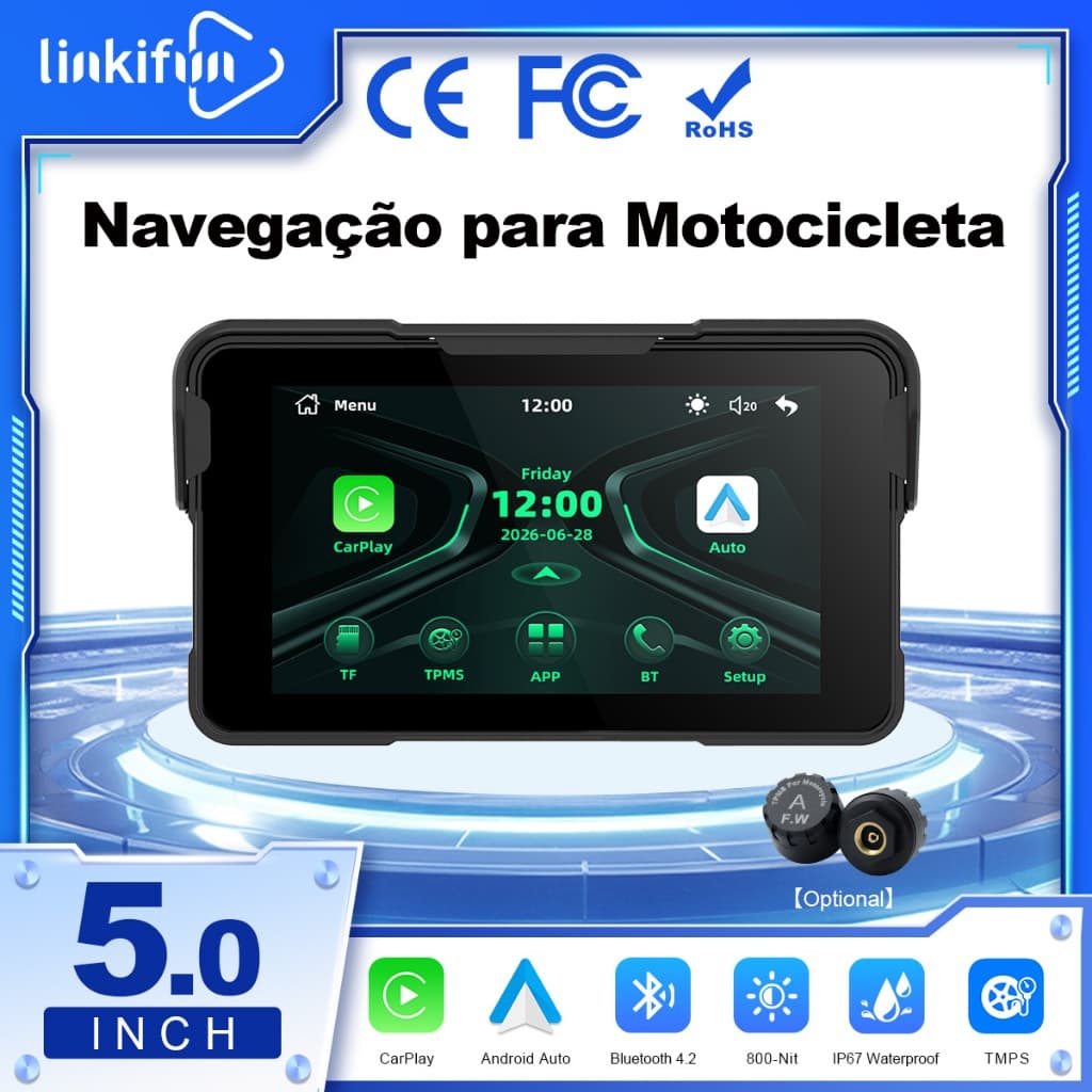 Linkifun MT11C Tela CarPlay Para Motocicleta De 5 Polegadas , Apple Sem Fio E Android Auto , Espelhamento De Telefone ,