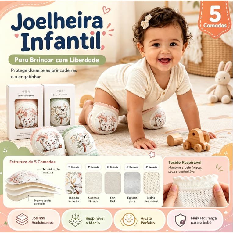 Joelheira Infantil para Bebê que Engatinha, Antiderrapante com Proteção contra Quedas, Respirável e Macia