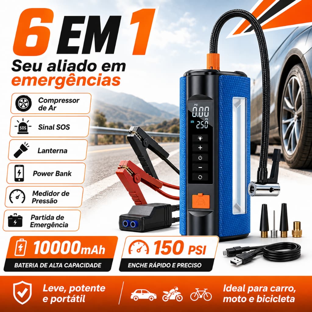 Auxiliar de Partida Portátil 150PSI Compressor de Ar Power Bank 10000mAh 6 em 1 Lanterna LED Tela Digital