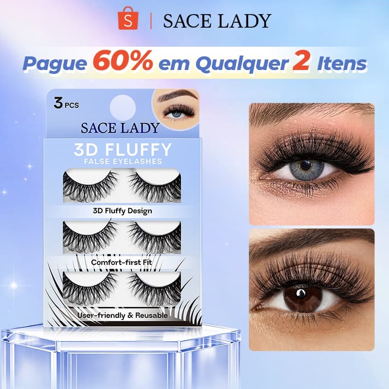Cílios Postiços SACE LADY 3D Fluffy Confortáveis Reutilizáveis Fáceis Aplicar Maquiagem