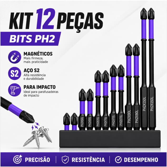 Kit 12 Bits PH2 Magnéticos de Impacto para Parafusadeira – Ponta Cruzada Antiderrapante