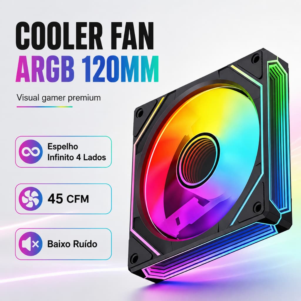 Ventoinha ARGB 120mm 1200RPM Baixo Ruído com Hub e Controle Remoto para PC Gamer