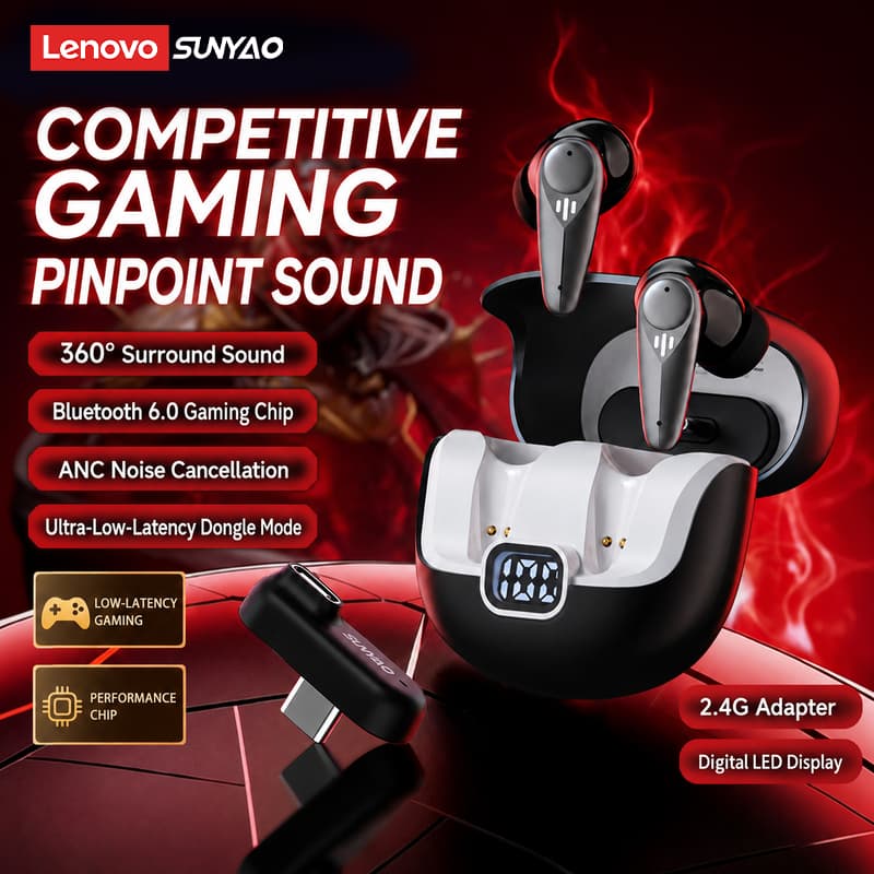 Lenovo Sunyao LE235 Fones De Ouvido Sem Fio Para Jogos Bluetooth 6.0 2.4G Modo Duplo 28ms Baixa Latência ANC Alta Fideli