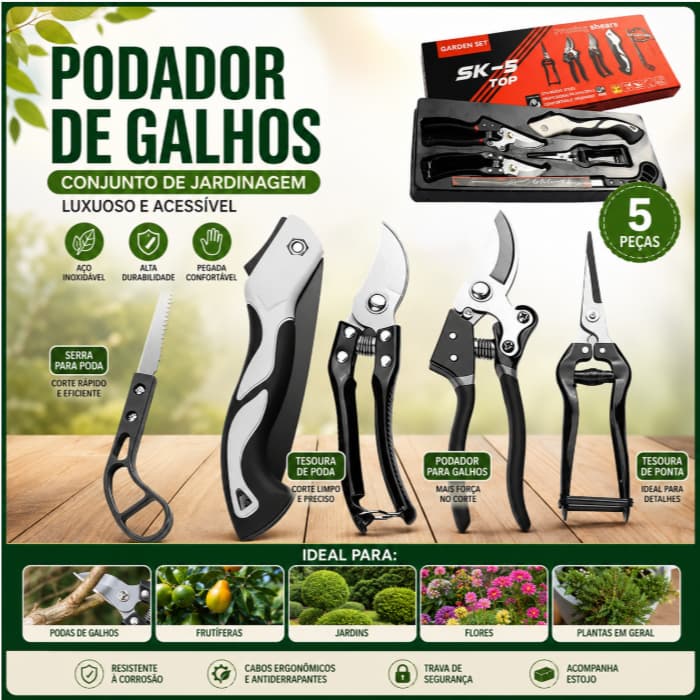 Kit de Jardinagem 5 Peças Reforçadas em Aço Inoxidável com Tesoura de Poda