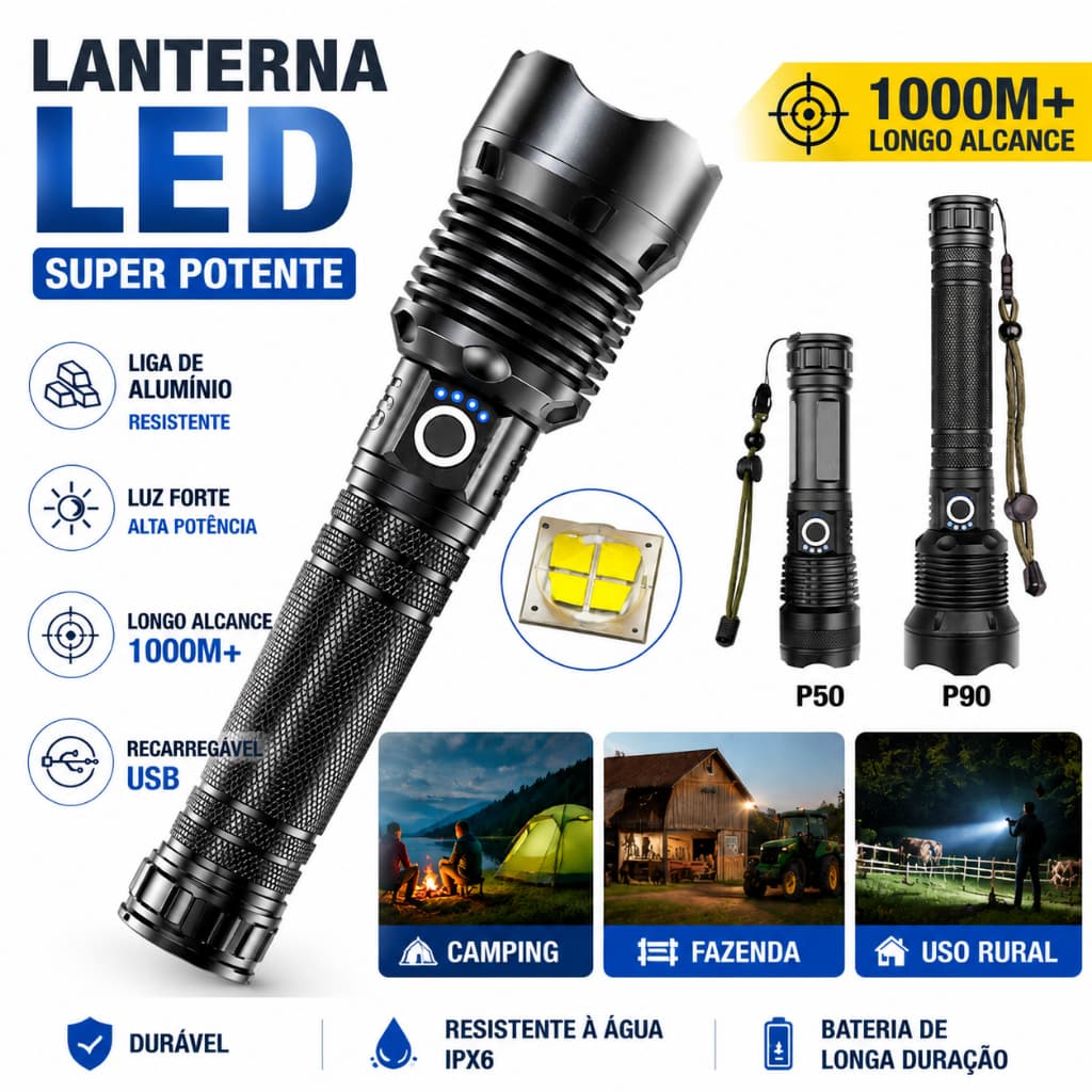 Lanterna LED P90/P50-T9 Tática Recarregável Longo Alcance 1000M+ para Camping e Fazenda IPX6