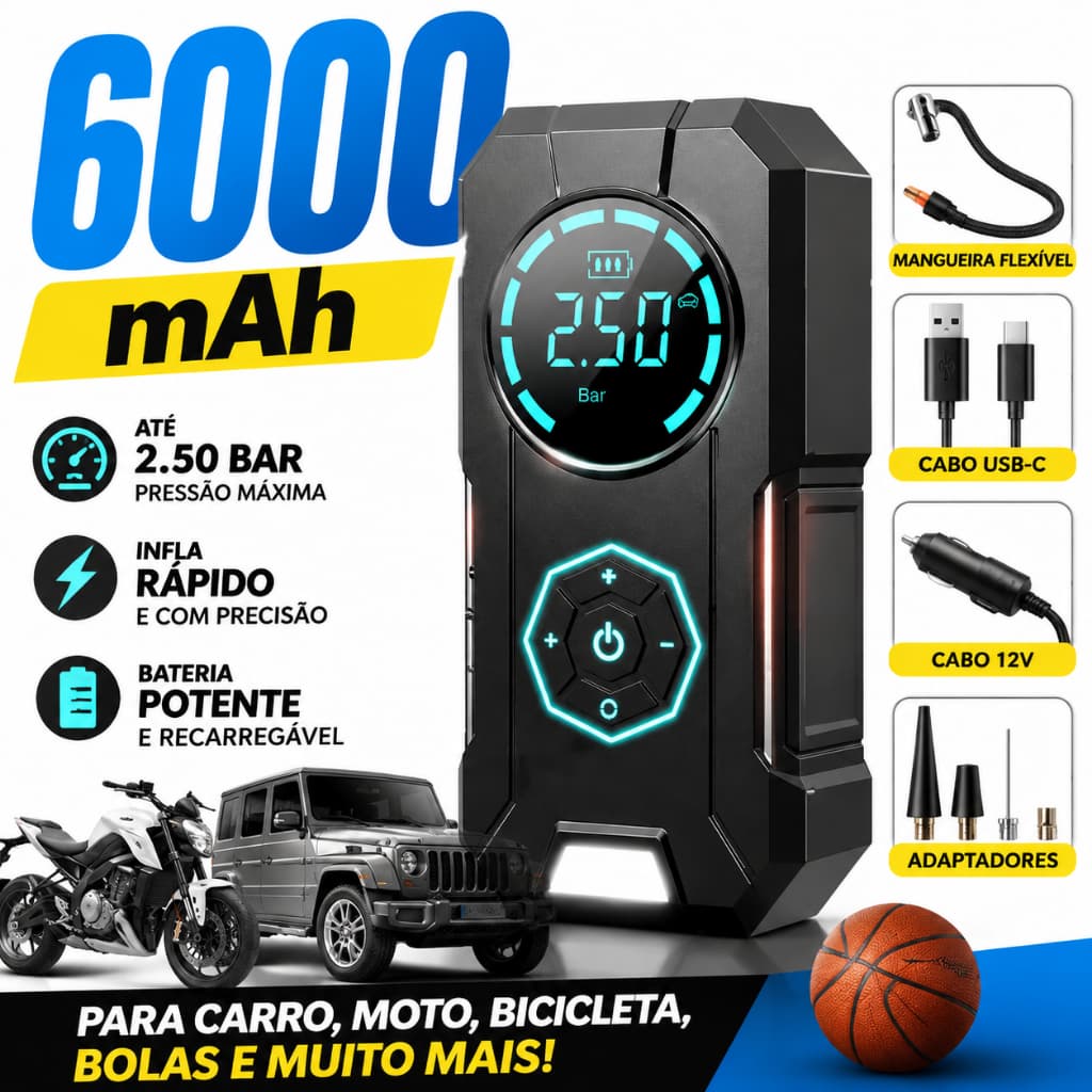 Mini Compressor de Ar Digital Portátil - USB Recarregável - Calibrador de Pneu Profissional