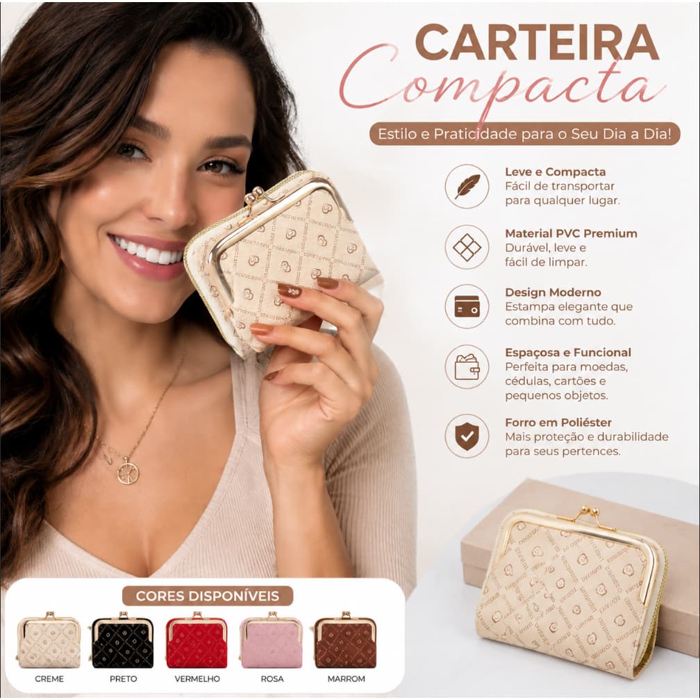 Mini Carteira de Bolso Feminina, Porta Cartão Estampada Duplo Fecho Grande Capacidade