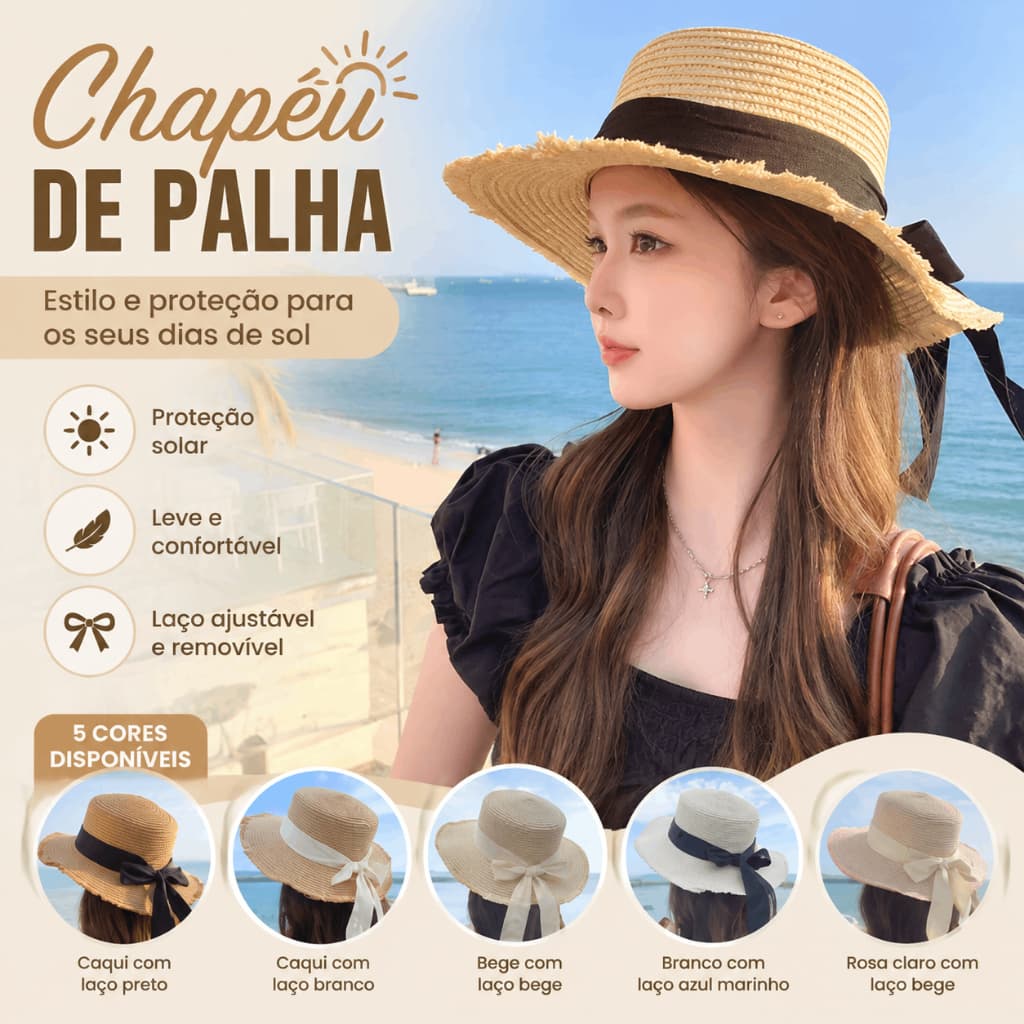 Chapéu De Palha Com Laço De Fita Superior Plana Feminino Primavera Verão Férias Praia Sol