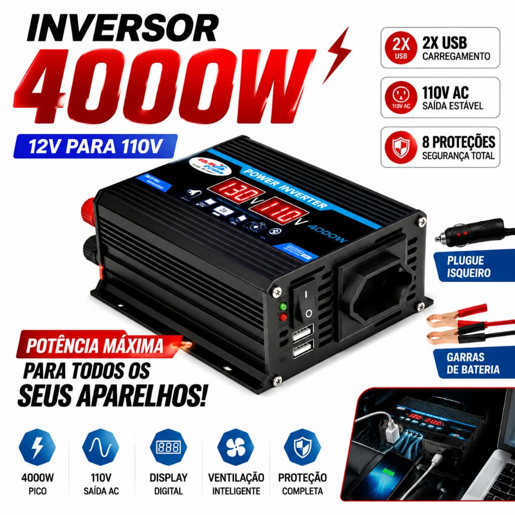 Inversor de carro DC 12V para AC 110V, 4000W, com Display LED, multifuncional, 2 Interfaces USB, conversor de energia e