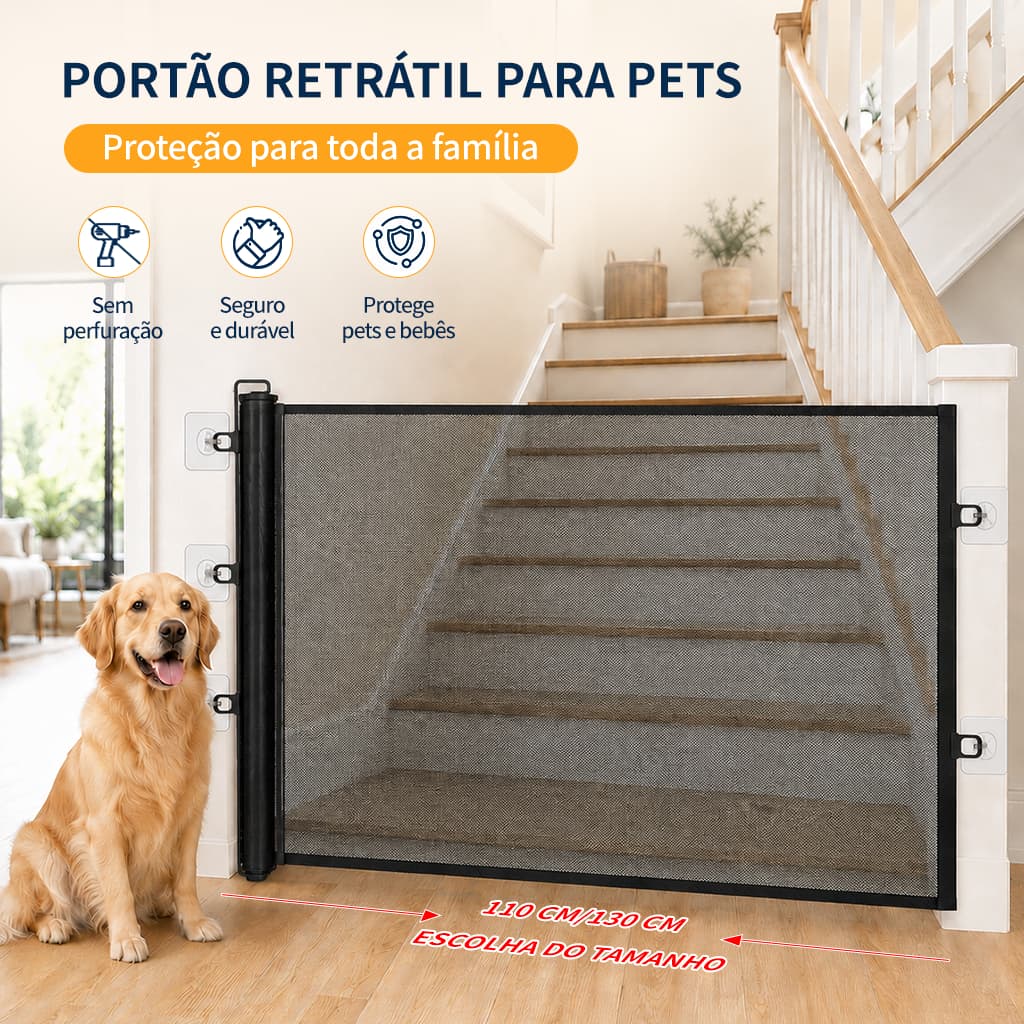 Barreira Retrátil para Pets e Bebês Tela de Segurança Portão Ajustável Anti-Fuga Sem Furos