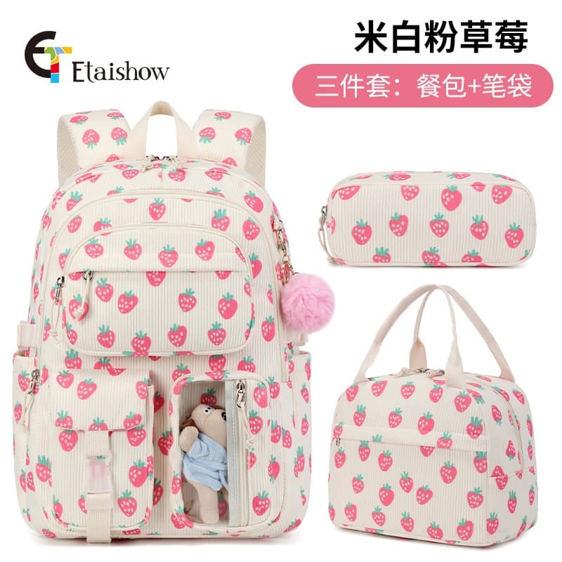 Estudantes do ensino médio bonito morango veludo impresso mochila estudantes do ensino médio moda mochila
