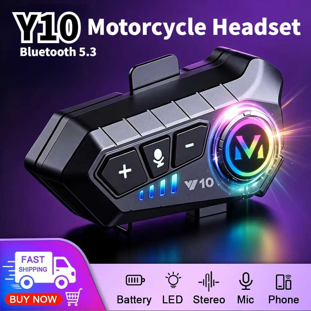 Fone De Ouvido Estéreo Bluetooth 5.3 Para Motocicleta Y10 Com Luz LED Telefone Android E Ios Universal , Microfone Flexí