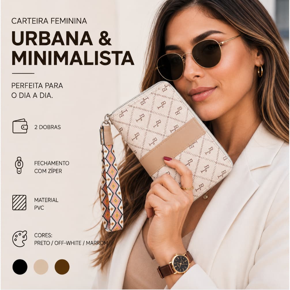 Carteira Longa Feminina Estampa Letras Zíper Alça
