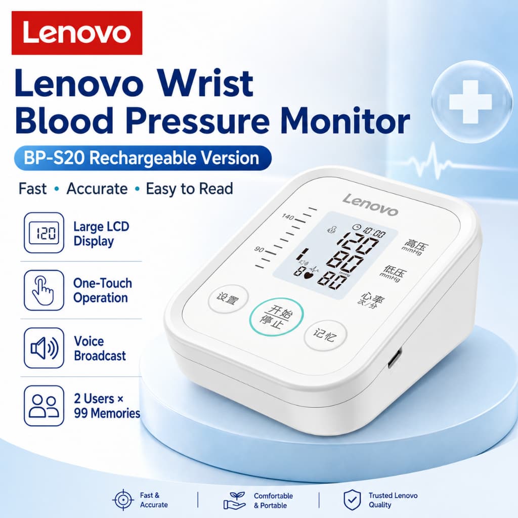 Lenovo BP-S20 Monitor De Pressão Arterial De Pulso Grande Memória De Transmissão De Voz LCD Recarregável Para Uso Domést