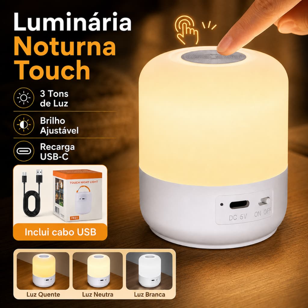 Abajur LED Touch Recarregável Luz Noturna USB com 3 Cores de Luz para Quarto e Mesa de Cabeceira