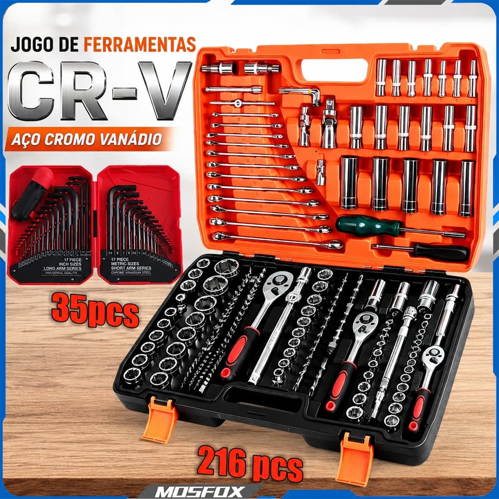 Kit jogo de ferramentas 216 + 35 pçs profissional original mecânico em aço cr-v cromo vanádio resistente -Envio Rápido