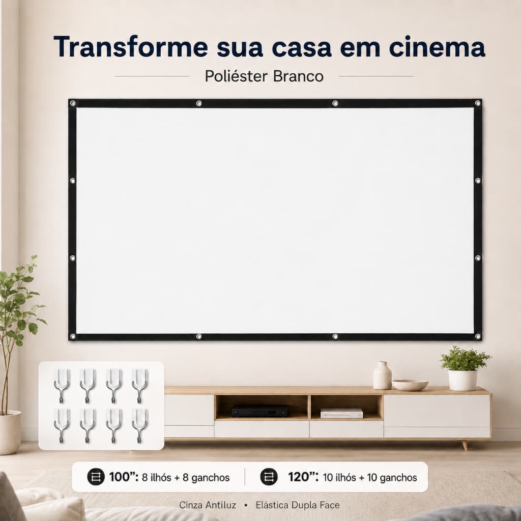 Tela de Projeção 100 120 Polegadas Branca de Poliéster HD com Ilhós e Ganchos Adesivos para Projetor Cinema em Casa
