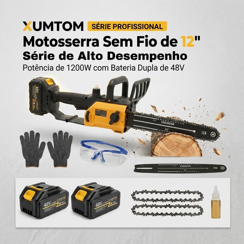 Motosserra Elétrica 1200W 48V Sem Fio - Kit 2 Baterias 4000mAh + Carregador Bivolt - Chave, Proteção e Acessórios