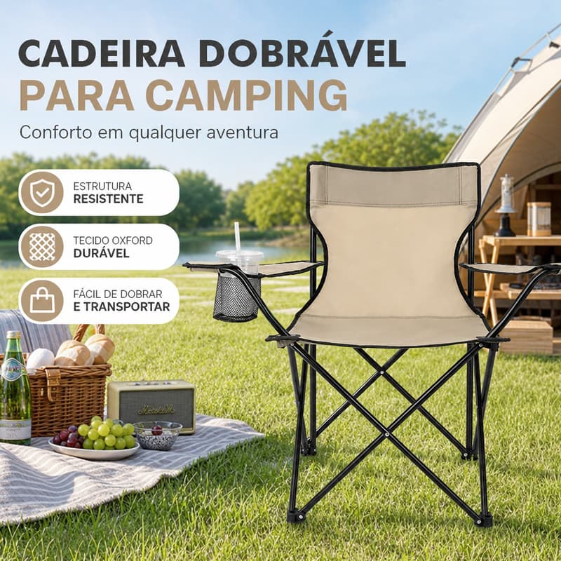 Cadeira de Pesca Dobrável 140kg com Apoio de Braço e Porta Copos, Portátil com Bolsa de Transporte para Camping e Lazer