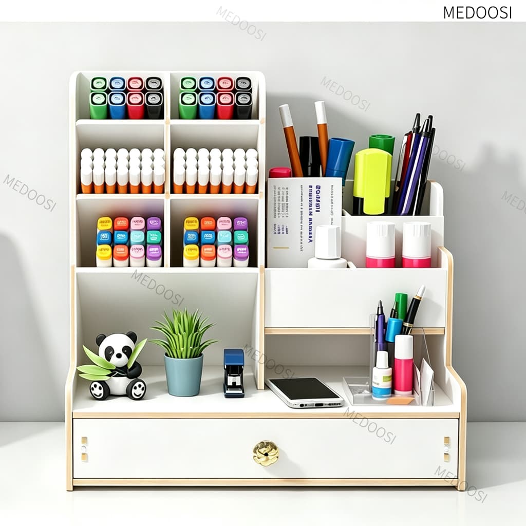 Organizador de Mesa MDF com Gaveta e Nicho, Multiuso para Canetas e Escritório, Organização Prática Home Office