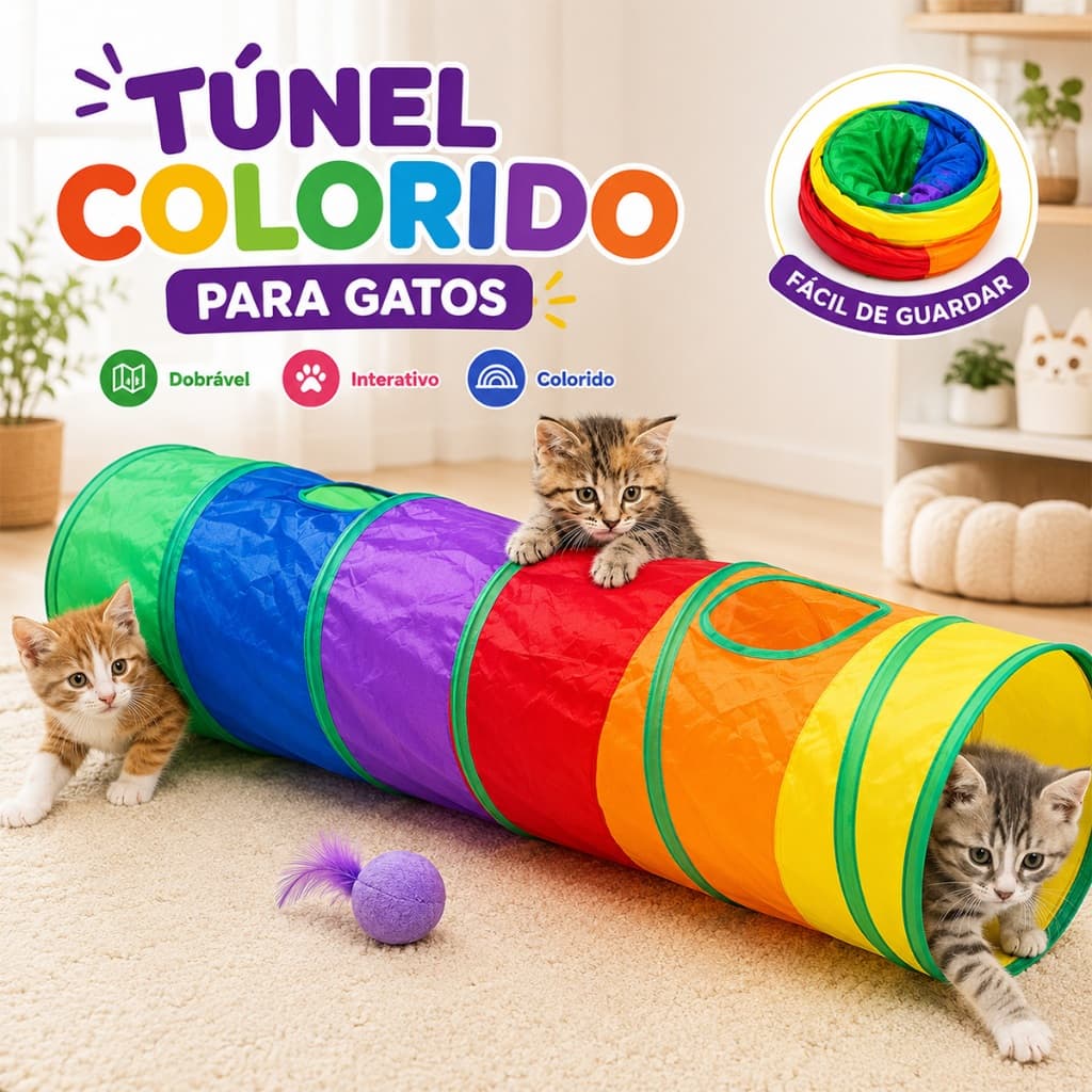 Túnel Colorido Gato Interativo Cachorro Labirinto Dobrável Pet Playground Toca Brinquedos Gatos