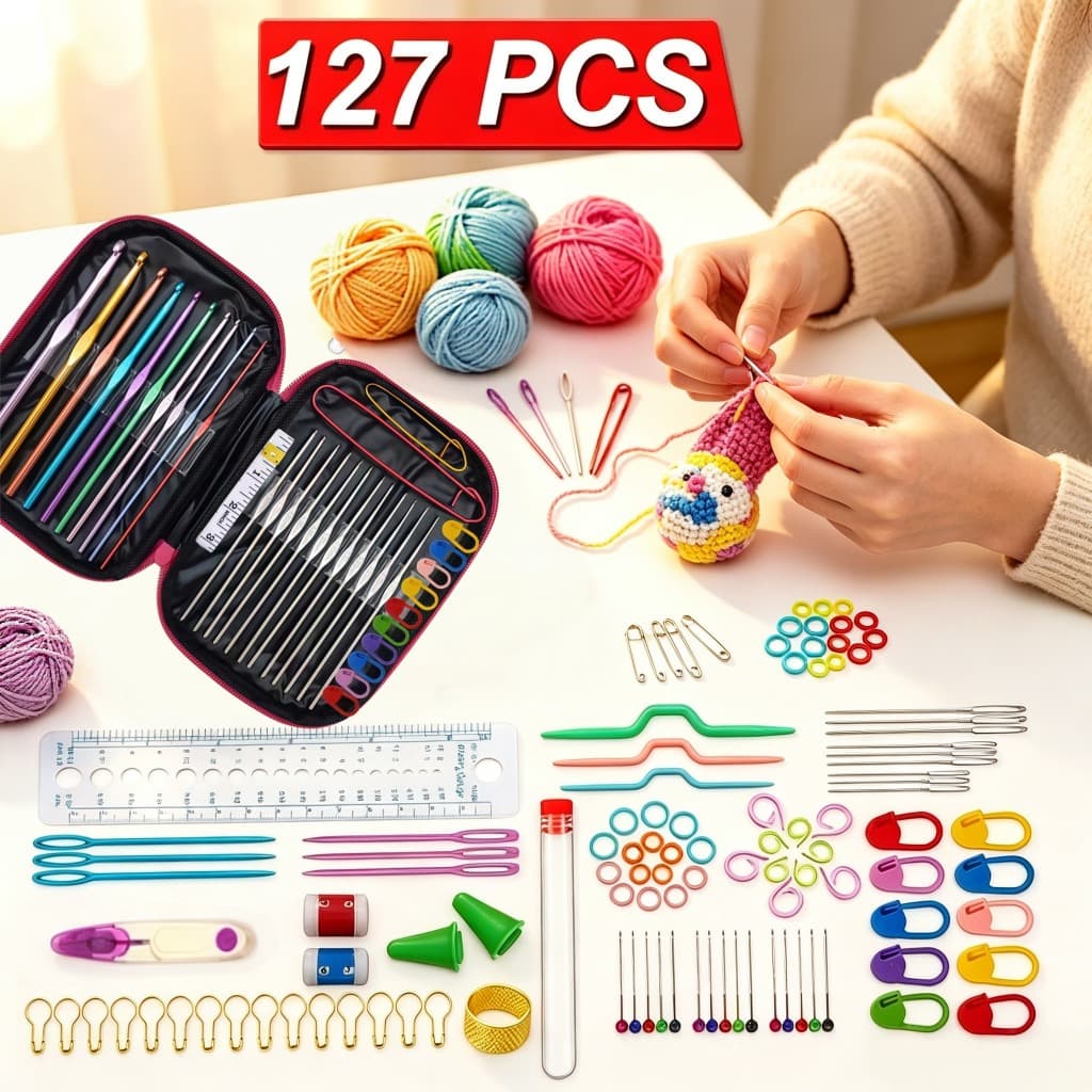 Kit de ferramentas colorido de 127/53/14 peças em alumínio, agulhas de crochê e tricô, acessórios para trabalhos manuais