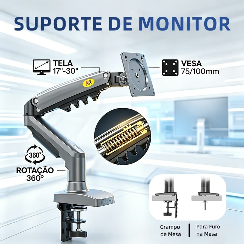 Suporte Articulado para Monitor Braço com Pistão a Gás 17‑30" Suporte de Mesa Ergonômico VESA 75/100mm