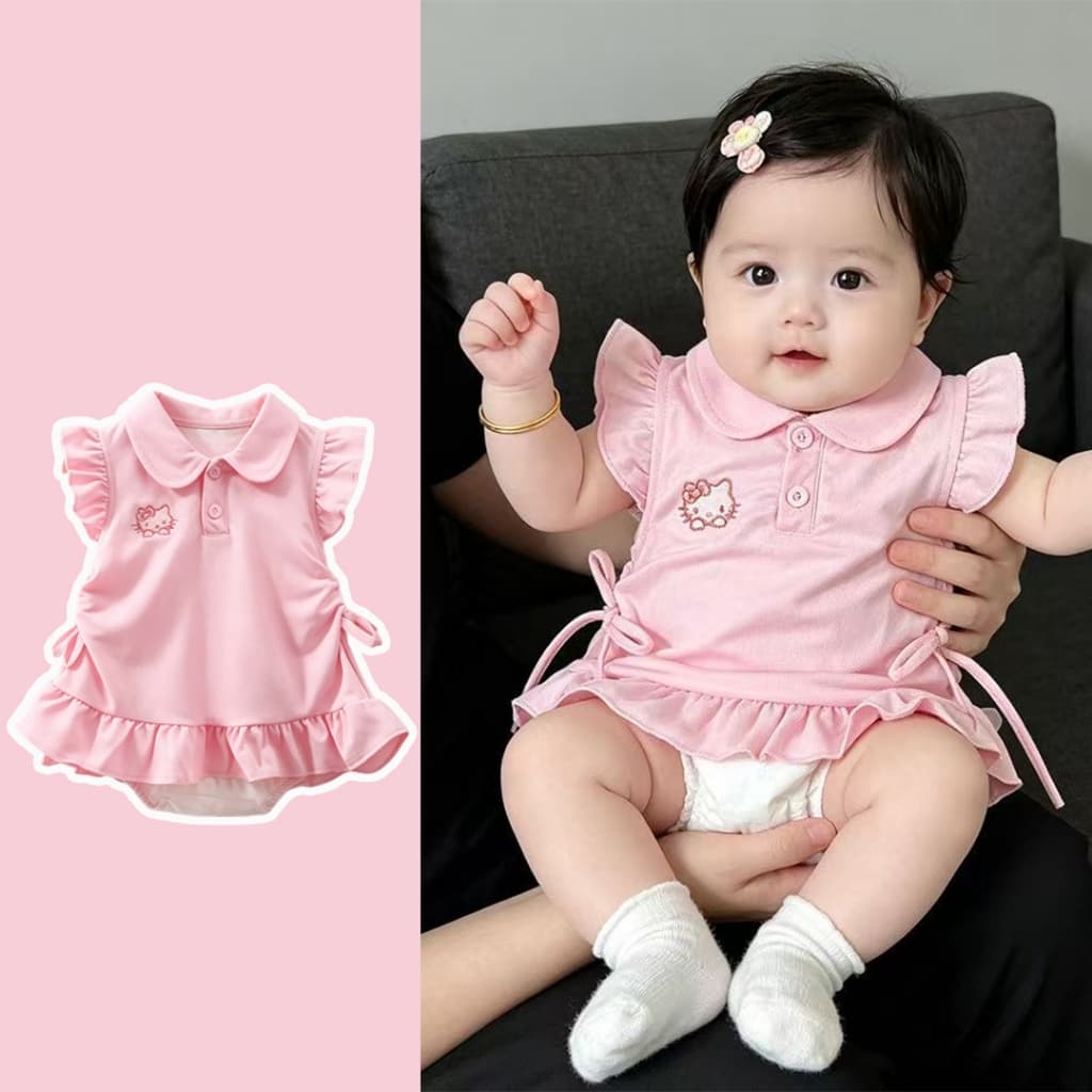 Roupas Para Recém-Nascidos , Manga Curta , Rosa , Gato Fofo , Saia Verão , material De Algodão , Macacão
