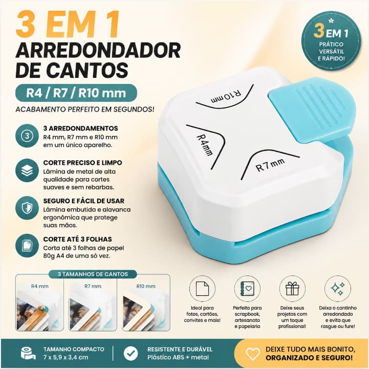 Furador Arredondador De Cantos 3 Em 1 R4 R7 R10 Cortador Papel Foto Scrapbook