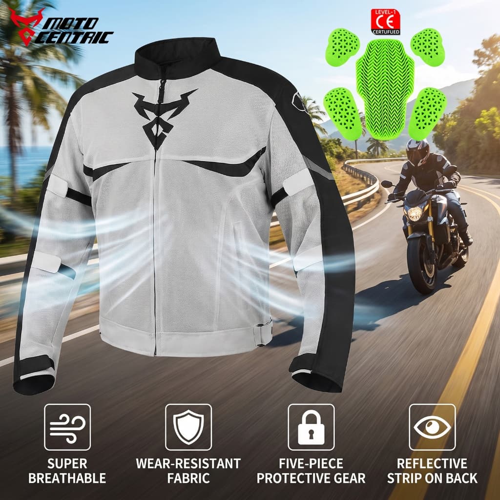 Jaqueta Moto Verão Malha Respirável Proteção CE Anti-Queda Armadura 5 Peças Original MOTOCENTRIC