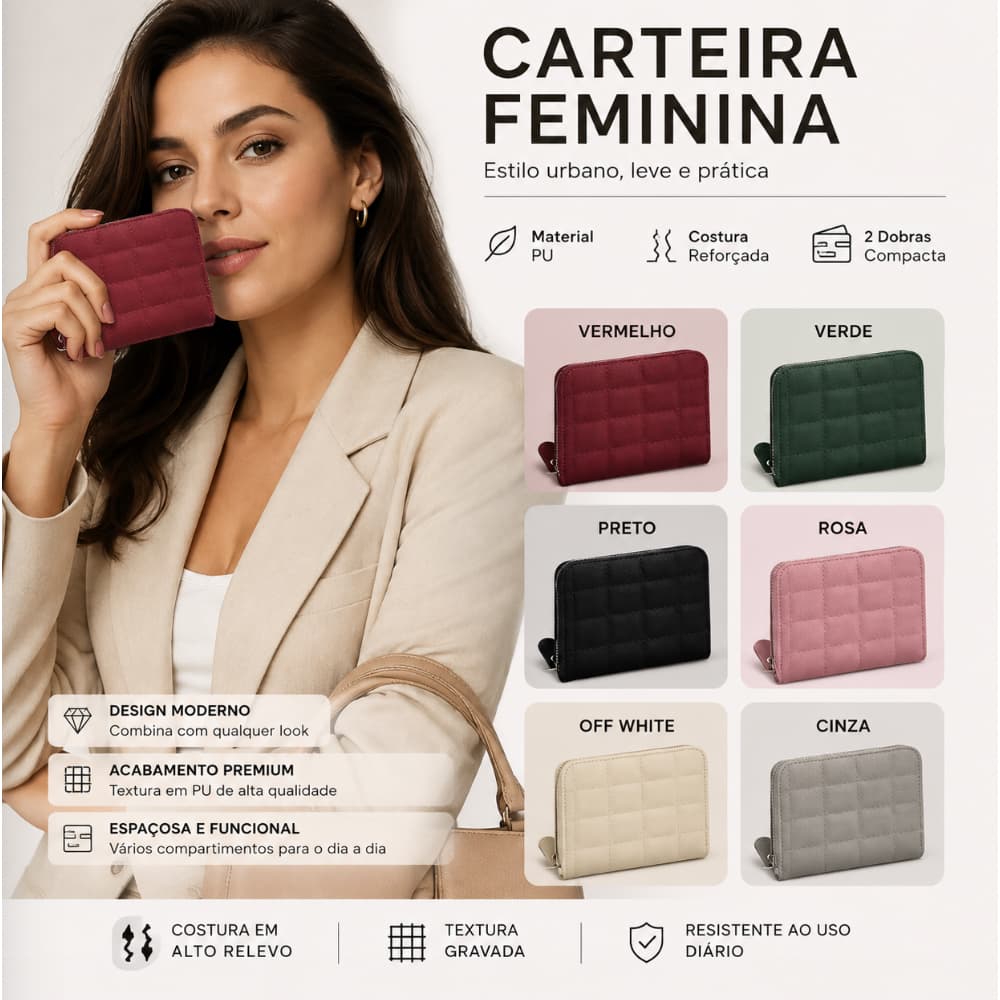 Carteira Curta Feminina PU Lichia Vários Cartões Diário
