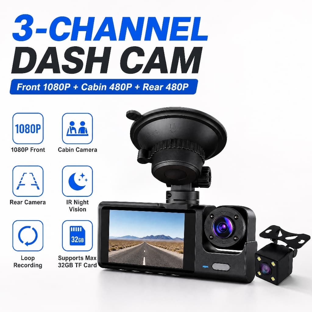 Câmera De Carro Dash Cam De 3 Canais 1080P Frontal + Cabine 480P + Traseira 480P IR Visão Noturna Gravação Em Loop DVR