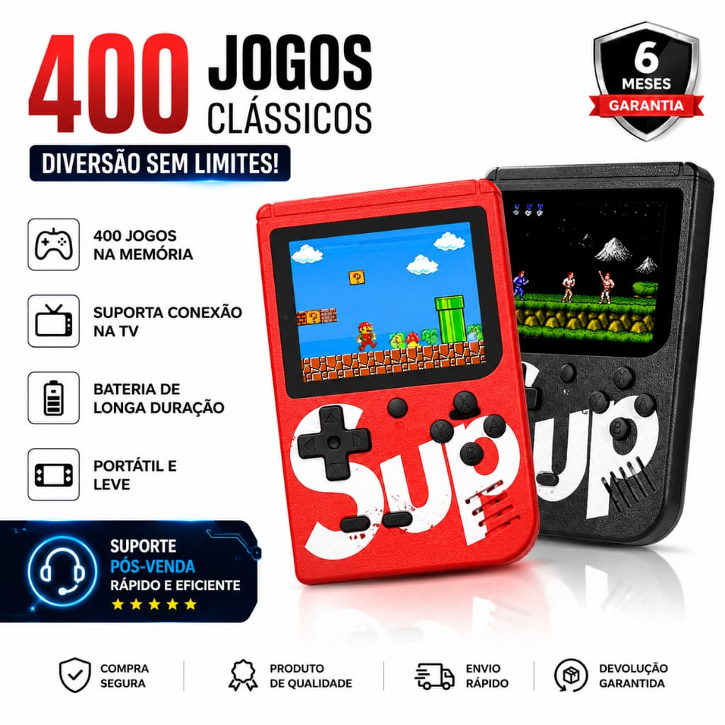 Console Portátil Retrô 400 Jogos Tela 3 Pol TV Out Bateria até 6H