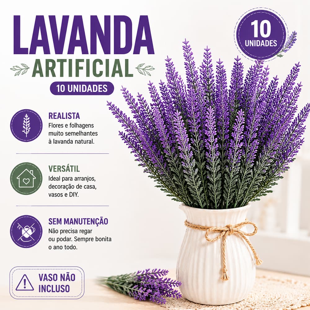 Kit 10 Flores de Lavanda Artificial 36cm Decoração para Casa e Arranjos