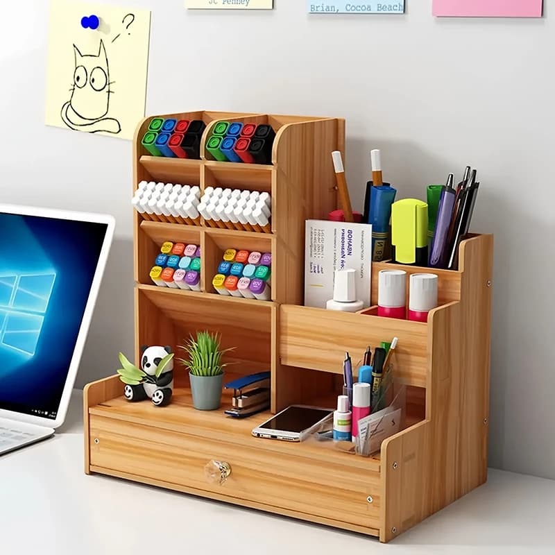 Organizador De Mesa Escritório Multiuso Tamanho Grande C/ Gaveta e Nicho para Canetas