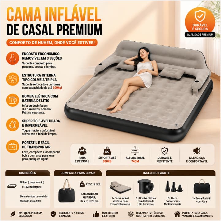 Colchão inflável de casal com encosto cinza, adequado para uso doméstico e externo  203*152*24 cm