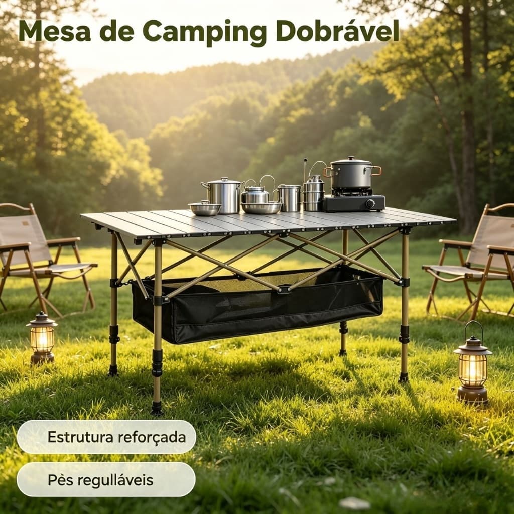 Mesa de Camping Dobrável Pernas Ajustáveis com Rede de Armazenamento Portátil para Piquenique Ao Ar Livre