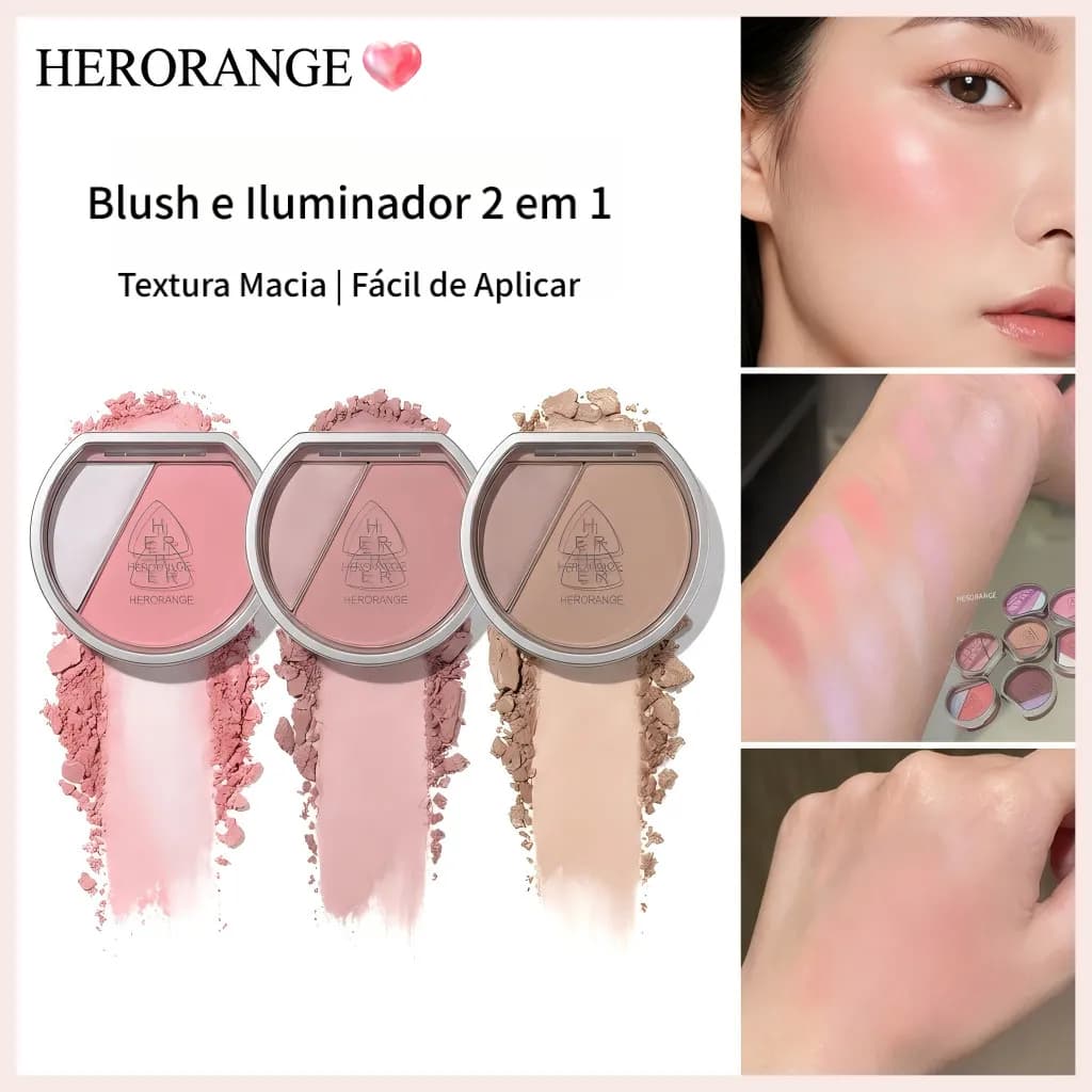 Paleta Dupla de Blush e Iluminador HERORANGE, Maquiagem Facial Multiuso Portátil para Uso Diário, Festas e Férias