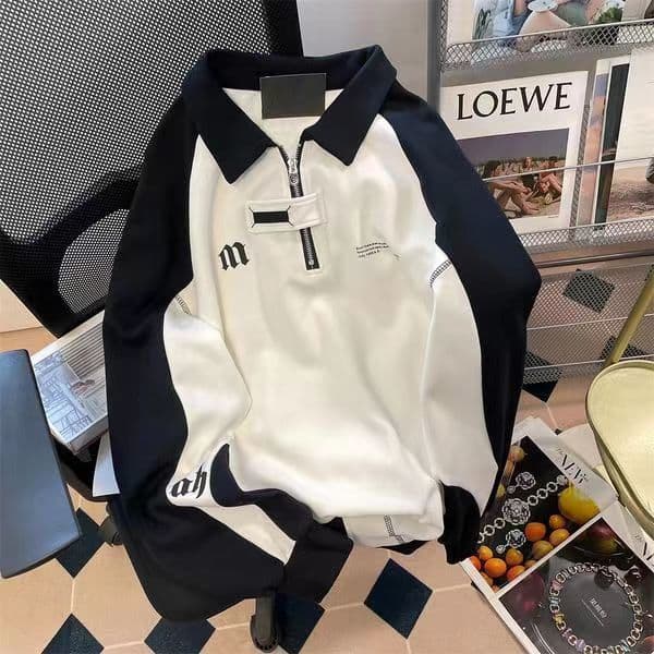 2026 americano Retro primavera outono estilo Preppy meio zíper gola polo moletom masculino feminino sentir na moda preto