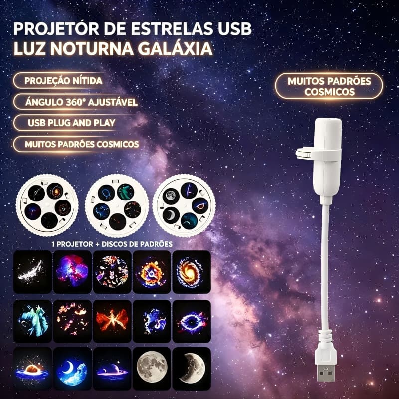 Projetor de Galáxia USB com Padrões Planetários Flexível Luz Noturna Romântica para Quarto