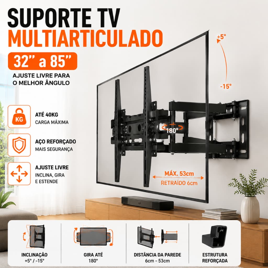 Suporte De Parede Multiarticulado Reforçado Para Tv/monitor De 32 Até 85 Polegadas Carge maxima 40KG