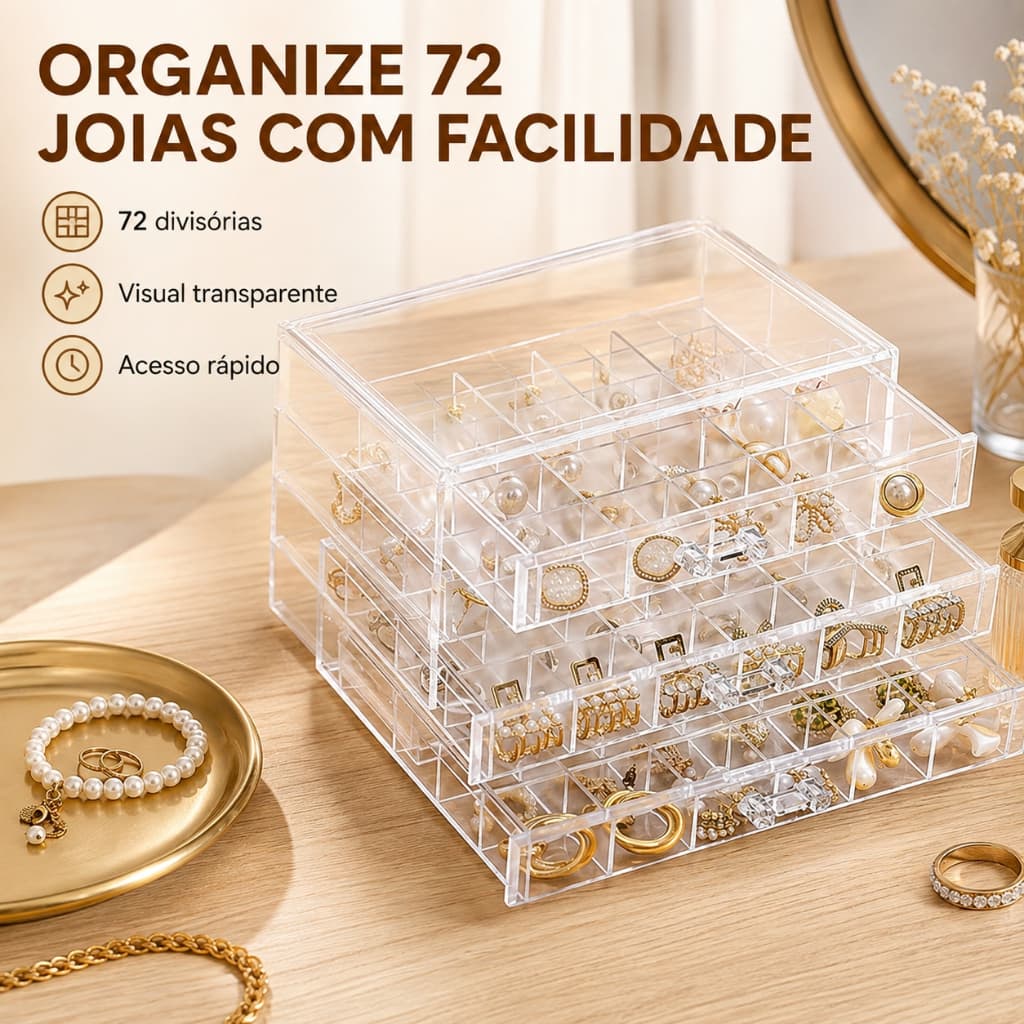 Organizador de Joias 72 Divisórias 3 Gavetas Transparente Porta Joias para Brincos Anéis e Bijuterias