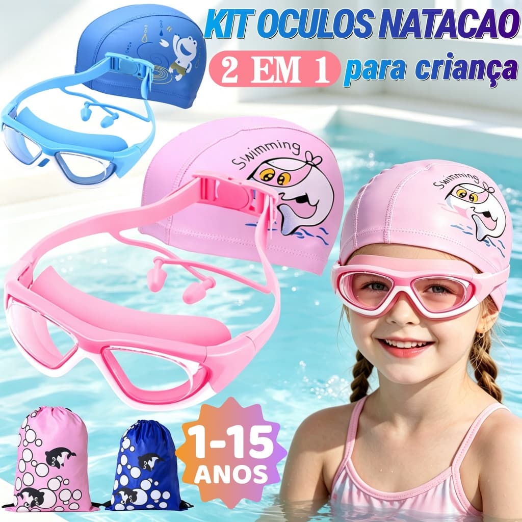 Kit Oculos De Natação + Touca De Silicone Juvenil - Proteção UV Antiembaçante Piscina para Infantil