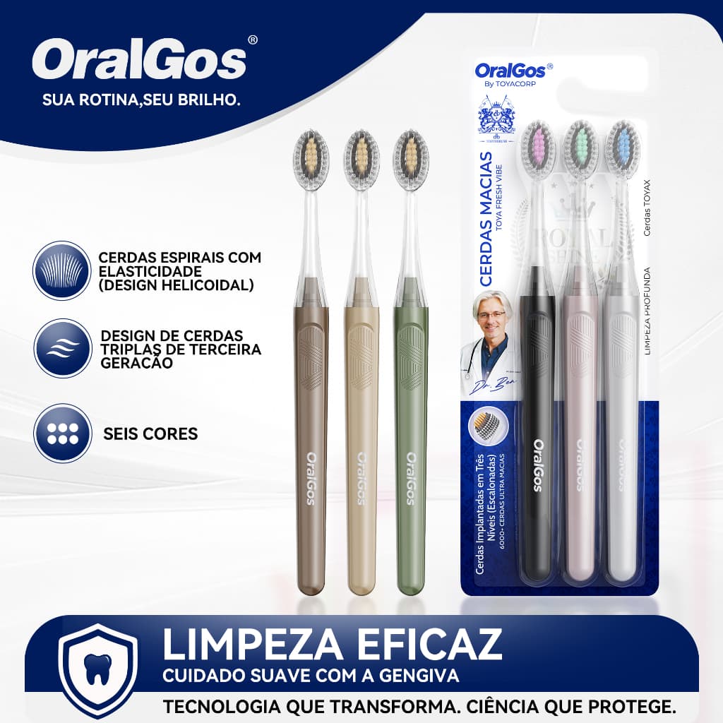 OralGos Kit escova de dente/3 unidades, cerdas macias, Dentes limpos