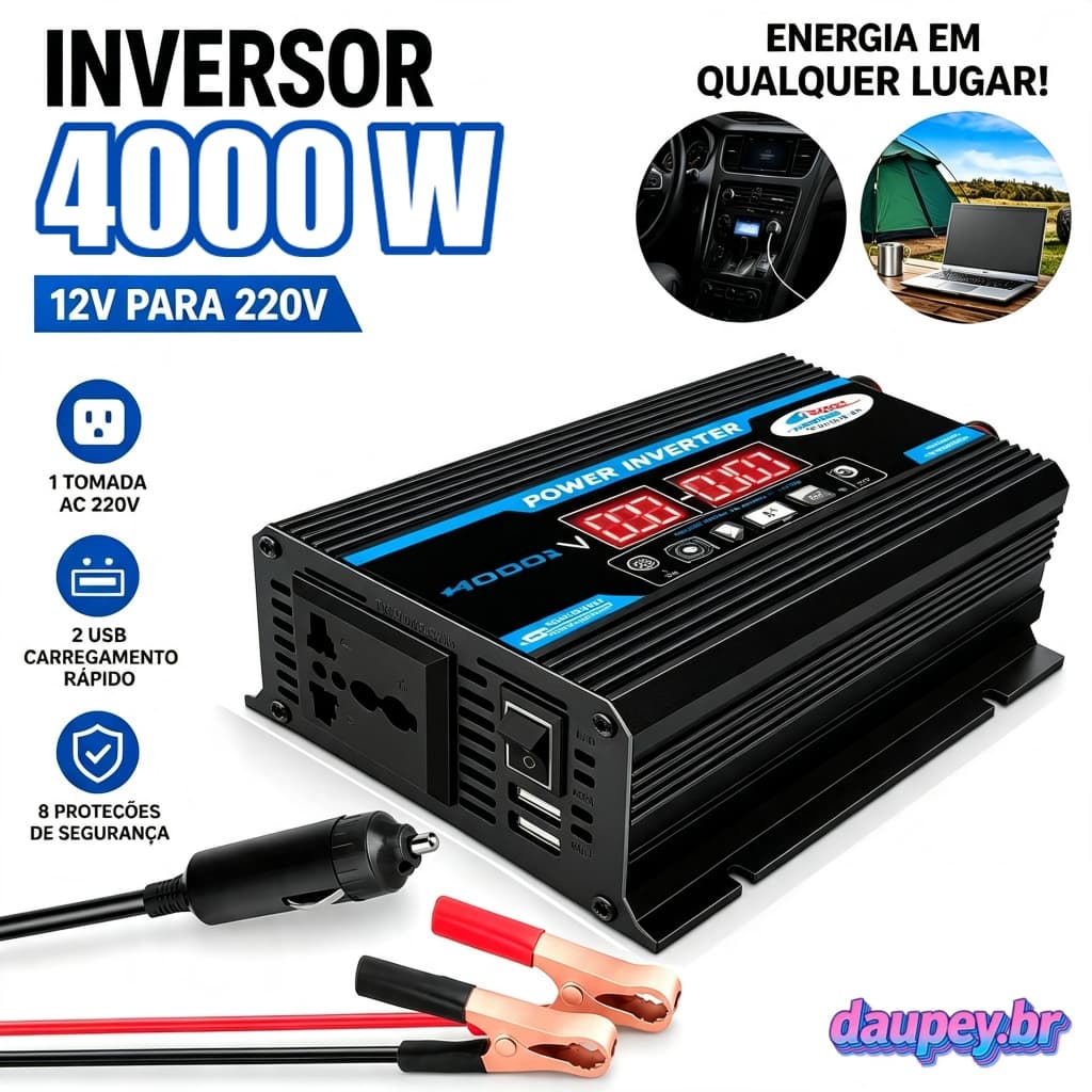 Inversor de Carro DC 12V para AC 110V 4000W com Display LED Multifuncional e 2 USB - Conversor de Energia