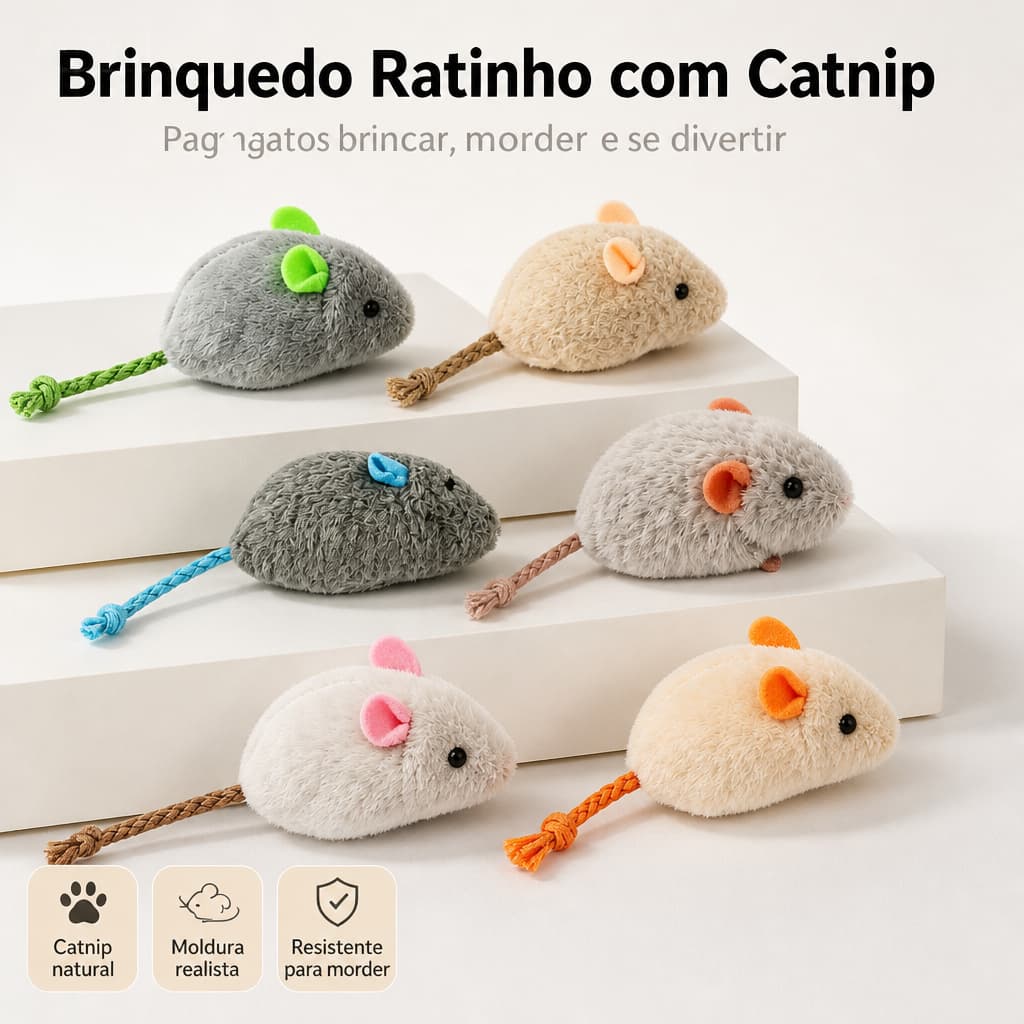 Kit 6 Brinquedo Rato Pelúcia com Catnip Rabo de Corda Mordedor Interativo para Gatos