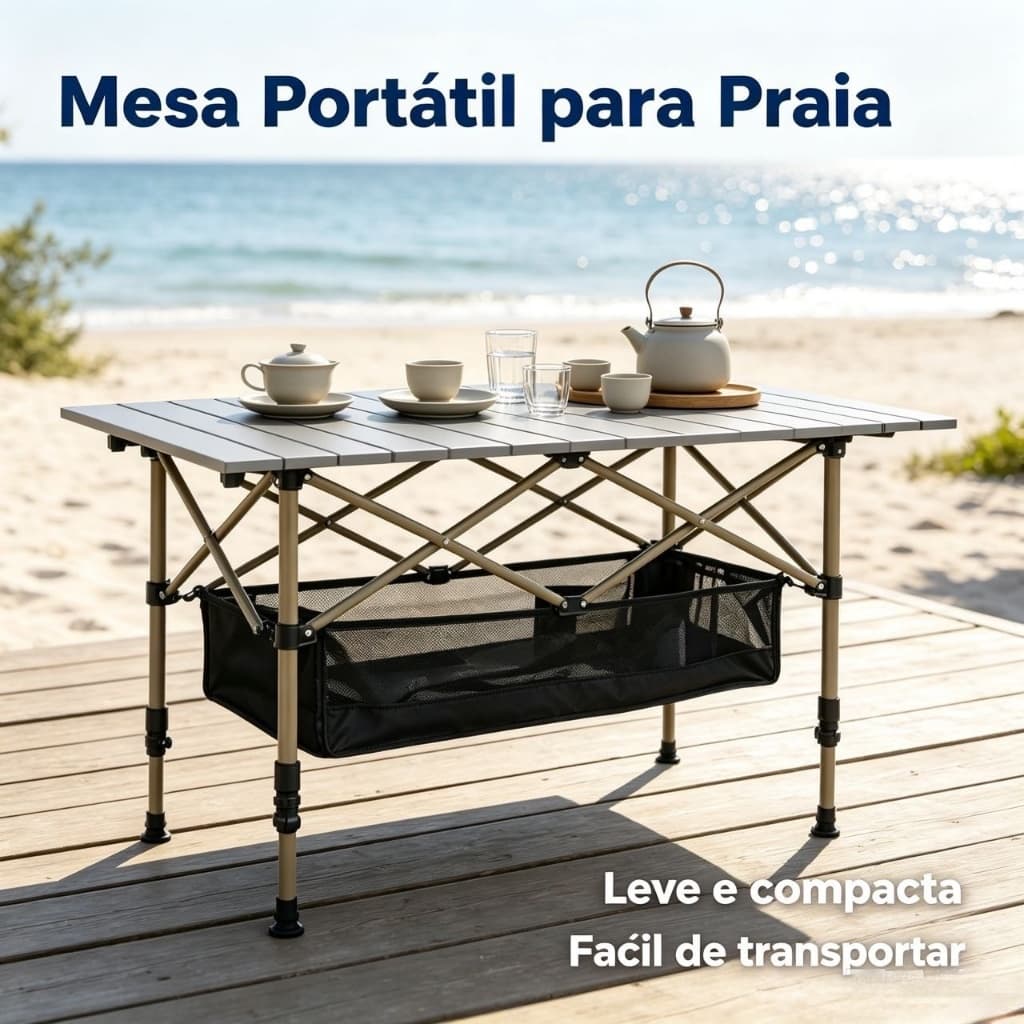 Mesa Camping Dobrável Ajustável Altura Alumínio Portátil com Rede Arrumação Para Praia Piquenique