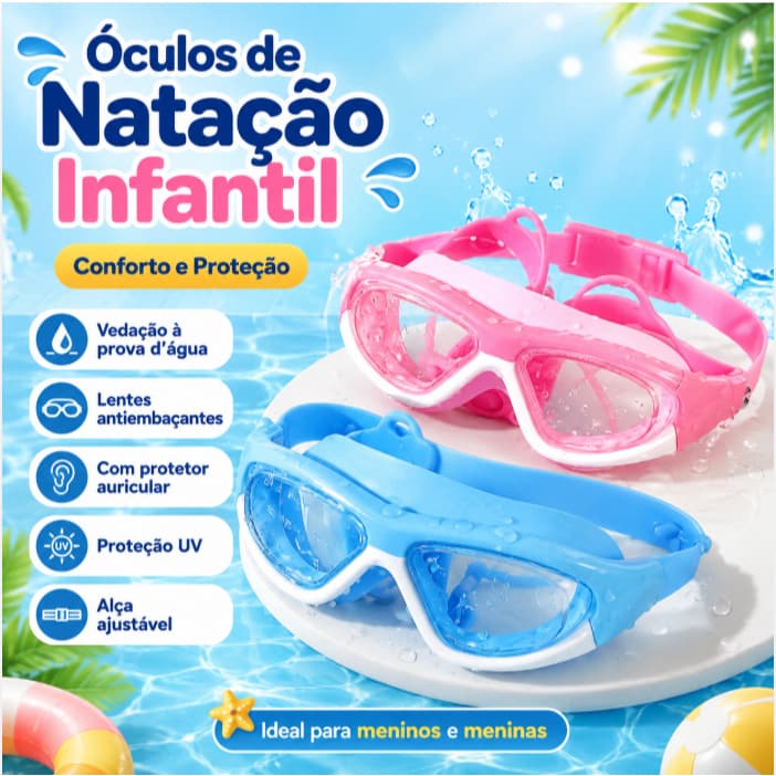 Óculos de Natação Infantil com Protetor de Orelha - À Prova d'Água, Antiembaçante e HD para Meninos e Meninas