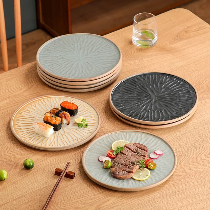 Prato cerâmico redondo 1pc textura radial em relevo,para bife e sushi,pode‑se usar no micro‑ondas e lava‑louças